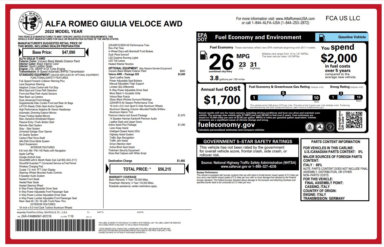 Used 2022 Alfa Romeo Giulia Veloce for sale $28,900 at Alfa Romeo of Westport in Westport CT 06880 1
