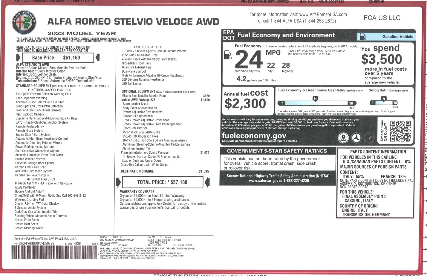 New 2023 Alfa Romeo Stelvio Veloce for sale $57,180 at Alfa Romeo of Westport in Westport CT 06880 1