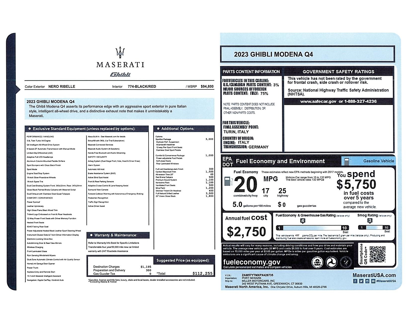 New 2023 Maserati Ghibli Modena Q4 for sale $112,255 at Alfa Romeo of Westport in Westport CT 06880 1