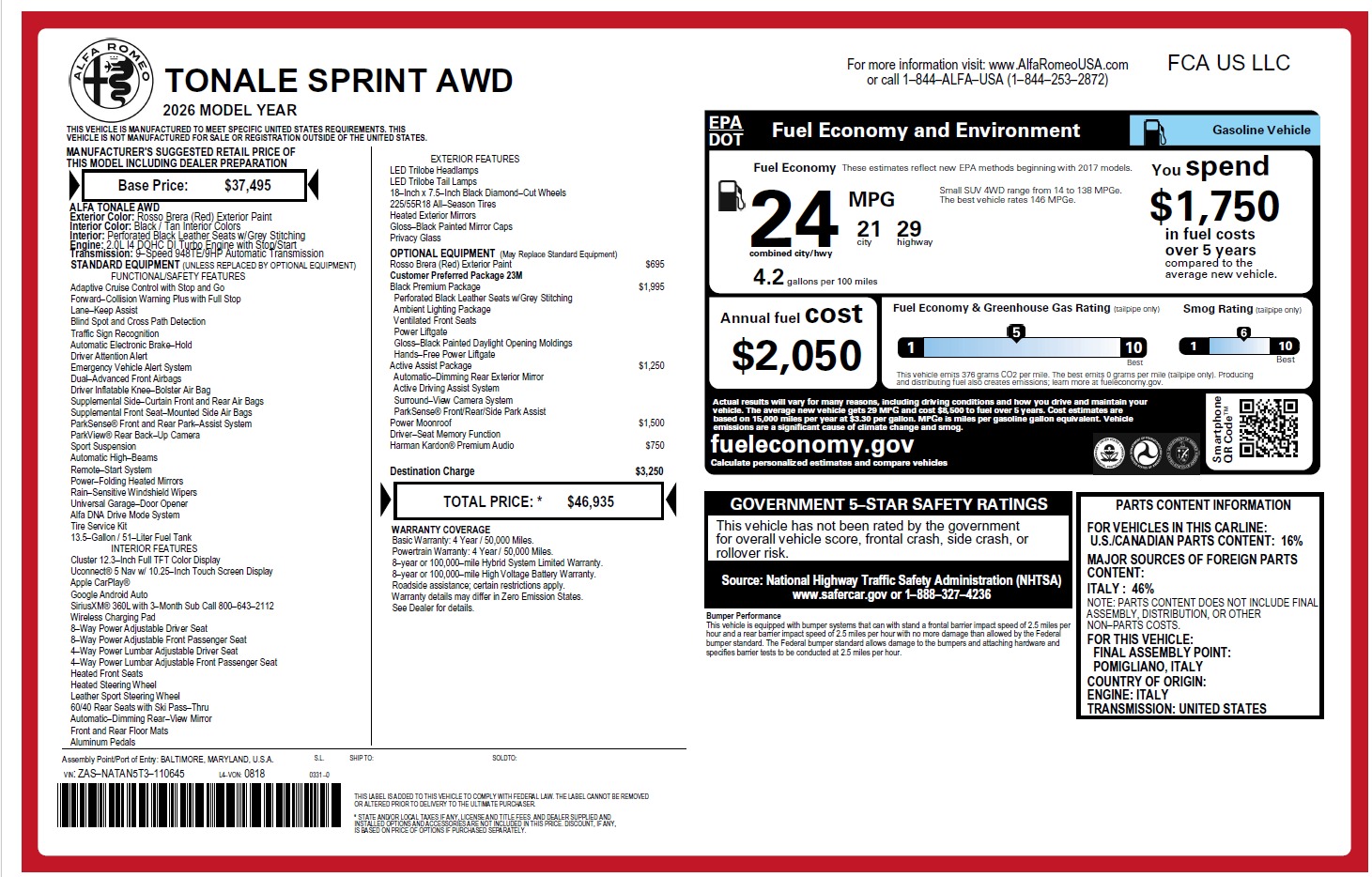New 2026 Alfa Romeo Tonale Sprint for sale $46,935 at Alfa Romeo of Westport in Westport CT 06880 1