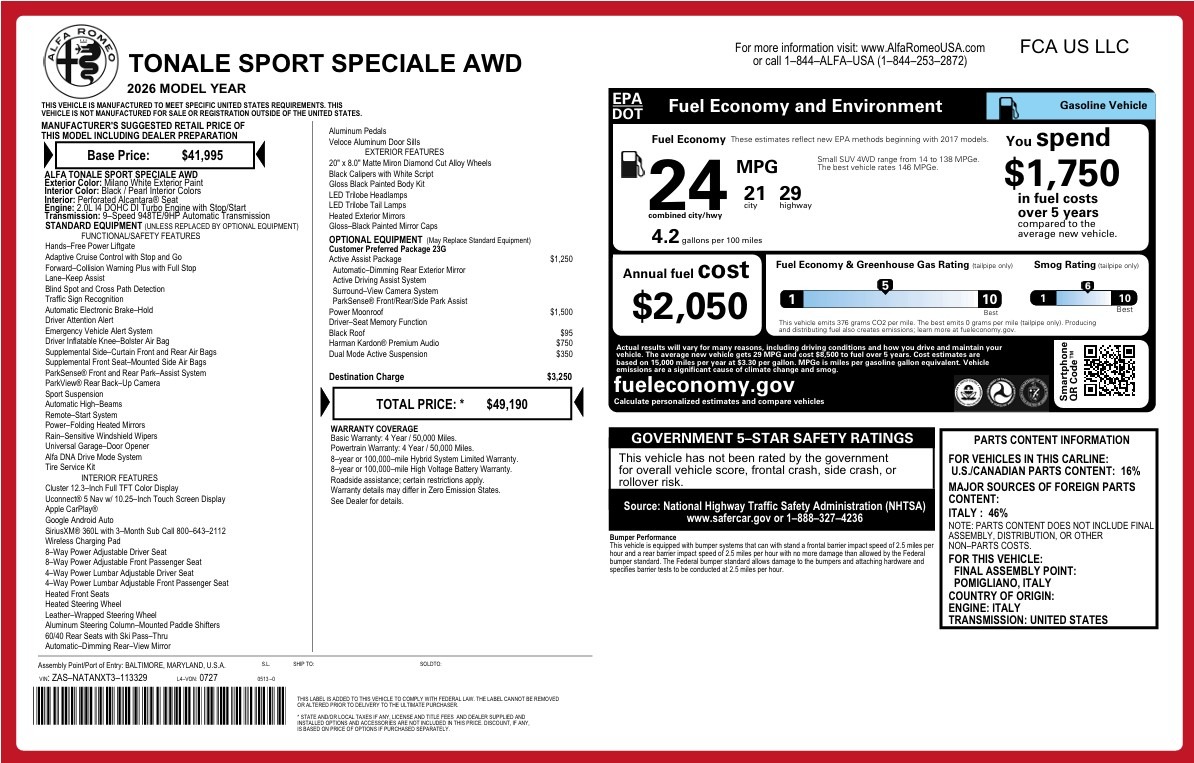 New 2026 Alfa Romeo Tonale Sport Speciale for sale $49,190 at Alfa Romeo of Westport in Westport CT 06880 1