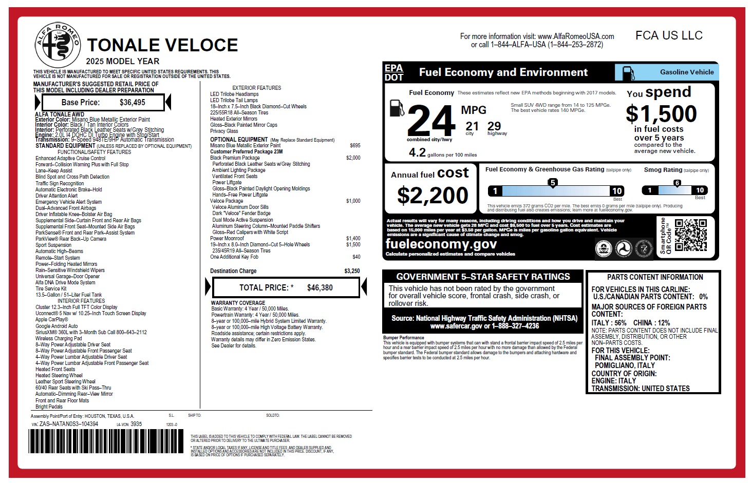 New 2025 Alfa Romeo Tonale for sale $46,380 at Alfa Romeo of Westport in Westport CT 06880 1