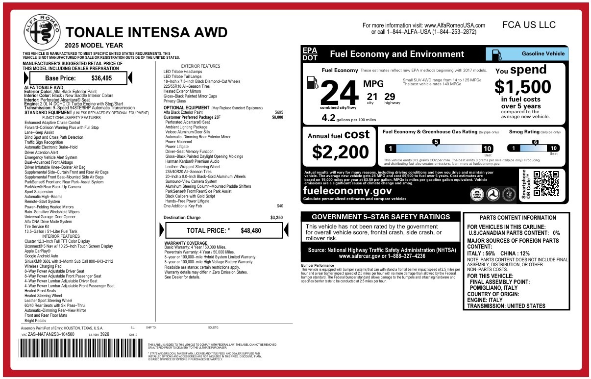 New 2025 Alfa Romeo Tonale Intensa for sale $48,480 at Alfa Romeo of Westport in Westport CT 06880 1