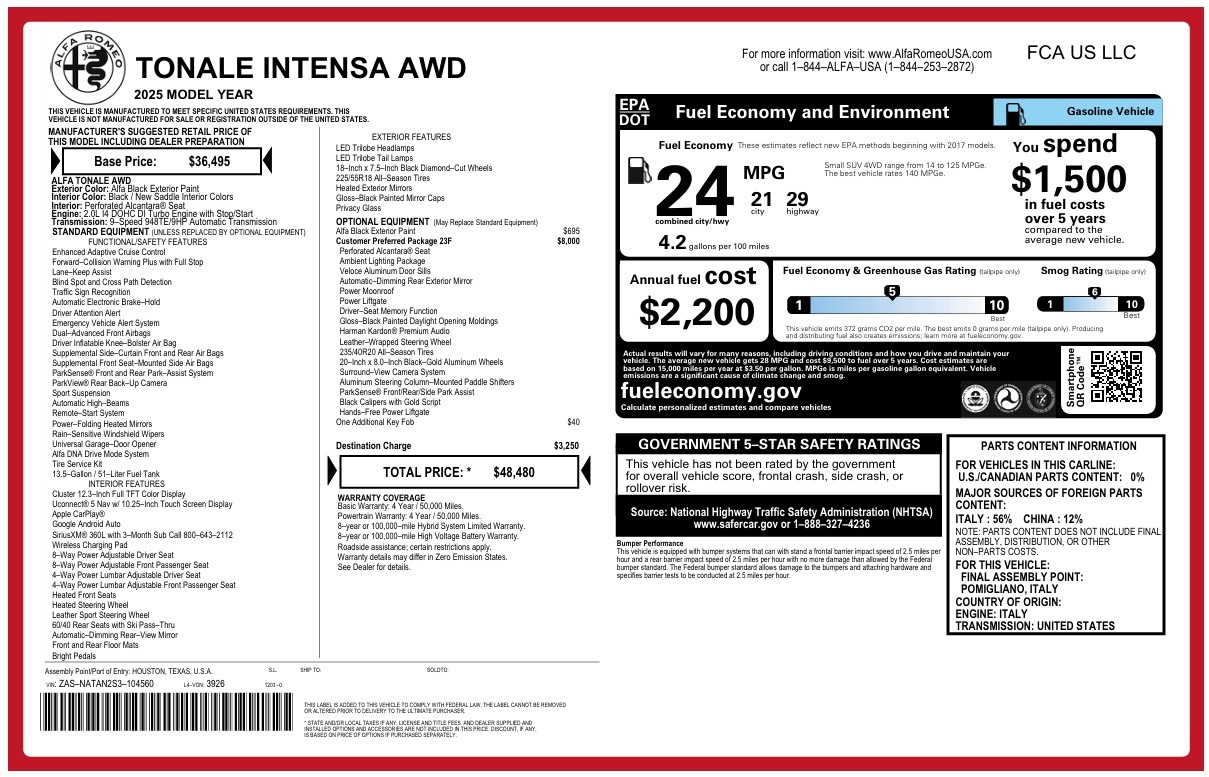 New 2025 Alfa Romeo Tonale Intensa for sale $48,400 at Alfa Romeo of Westport in Westport CT 06880 1