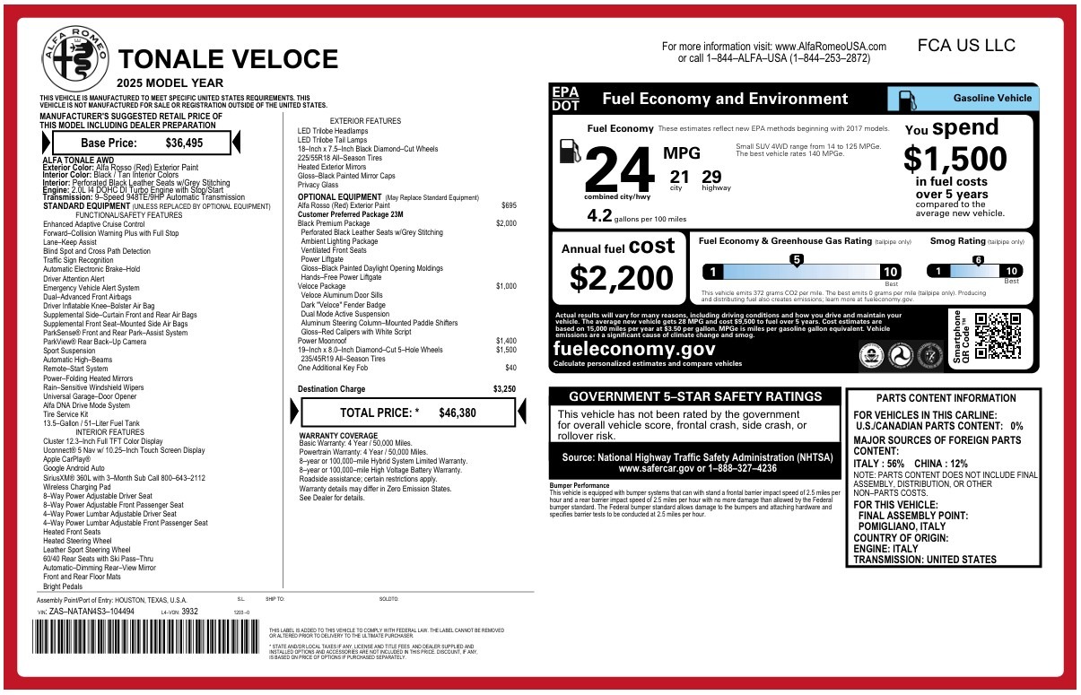 New 2025 Alfa Romeo Tonale for sale $46,380 at Alfa Romeo of Westport in Westport CT 06880 1