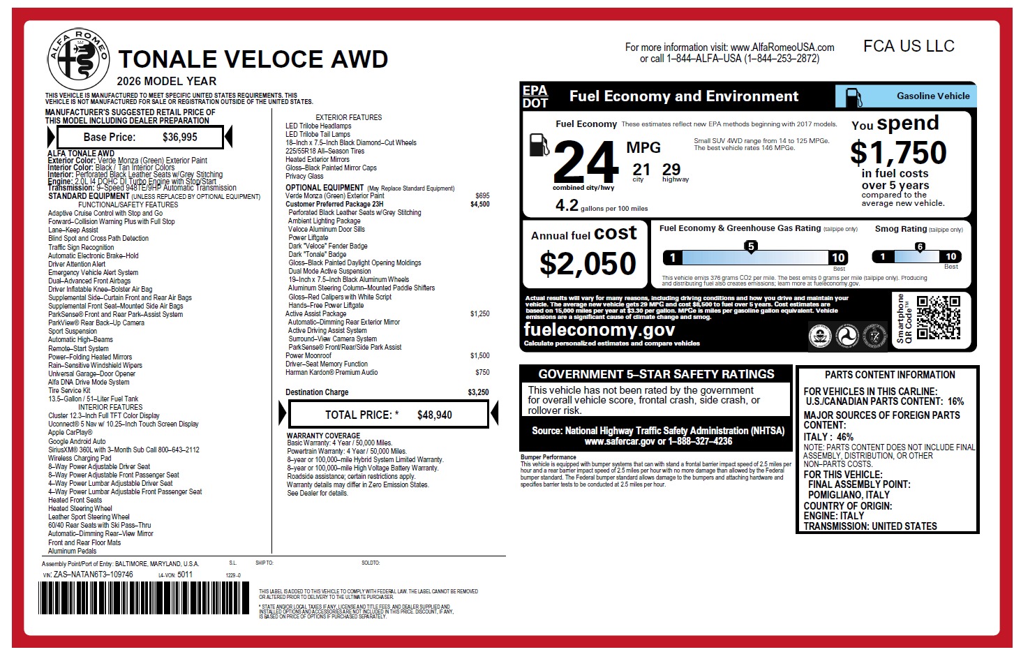 New 2026 Alfa Romeo Tonale Veloce for sale $48,940 at Alfa Romeo of Westport in Westport CT 06880 1