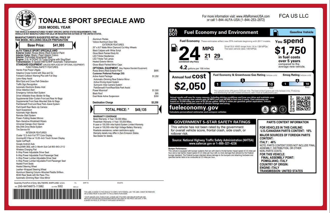 New 2026 Alfa Romeo Tonale Sport Speciale for sale $49,135 at Alfa Romeo of Westport in Westport CT 06880 1