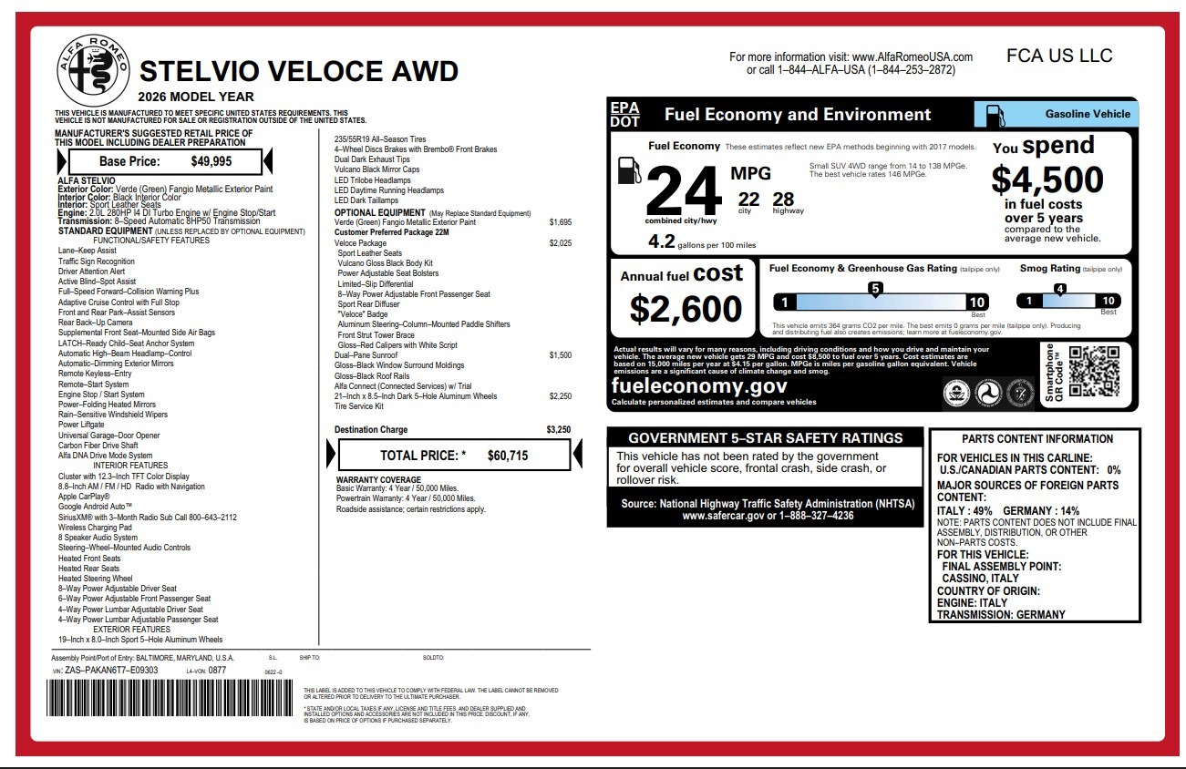 New 2026 Alfa Romeo Stelvio Veloce for sale $60,715 at Alfa Romeo of Westport in Westport CT 06880 1