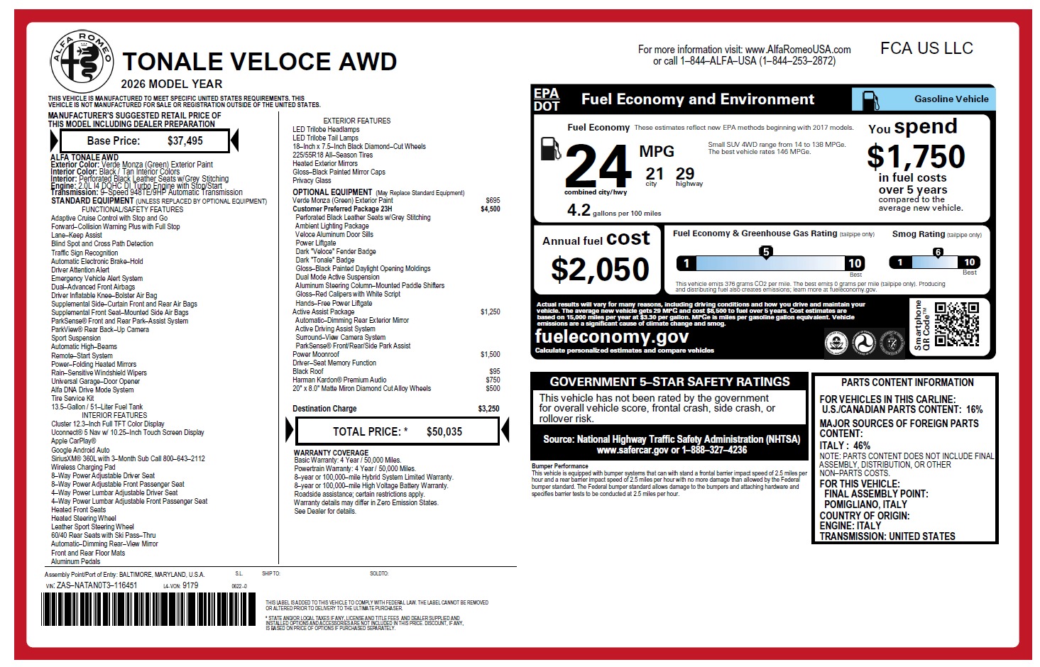 New 2026 Alfa Romeo Tonale Veloce for sale $50,035 at Alfa Romeo of Westport in Westport CT 06880 1
