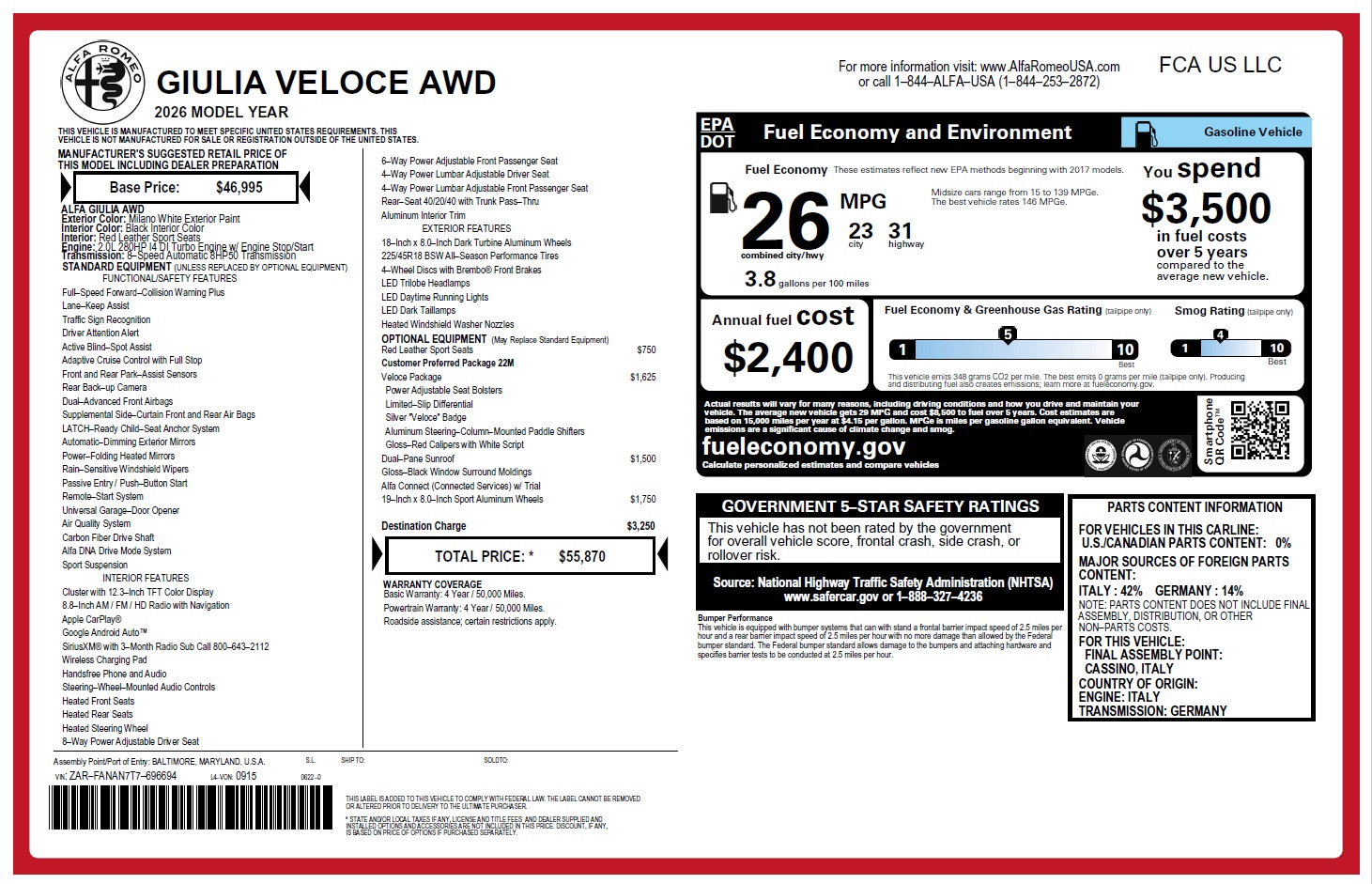 New 2026 Alfa Romeo Giulia for sale $55,870 at Alfa Romeo of Westport in Westport CT 06880 1