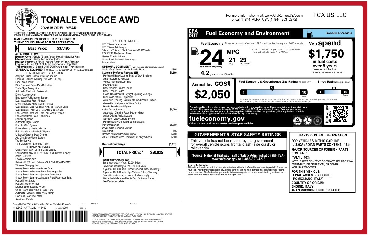New 2026 Alfa Romeo Tonale Veloce for sale $50,035 at Alfa Romeo of Westport in Westport CT 06880 1