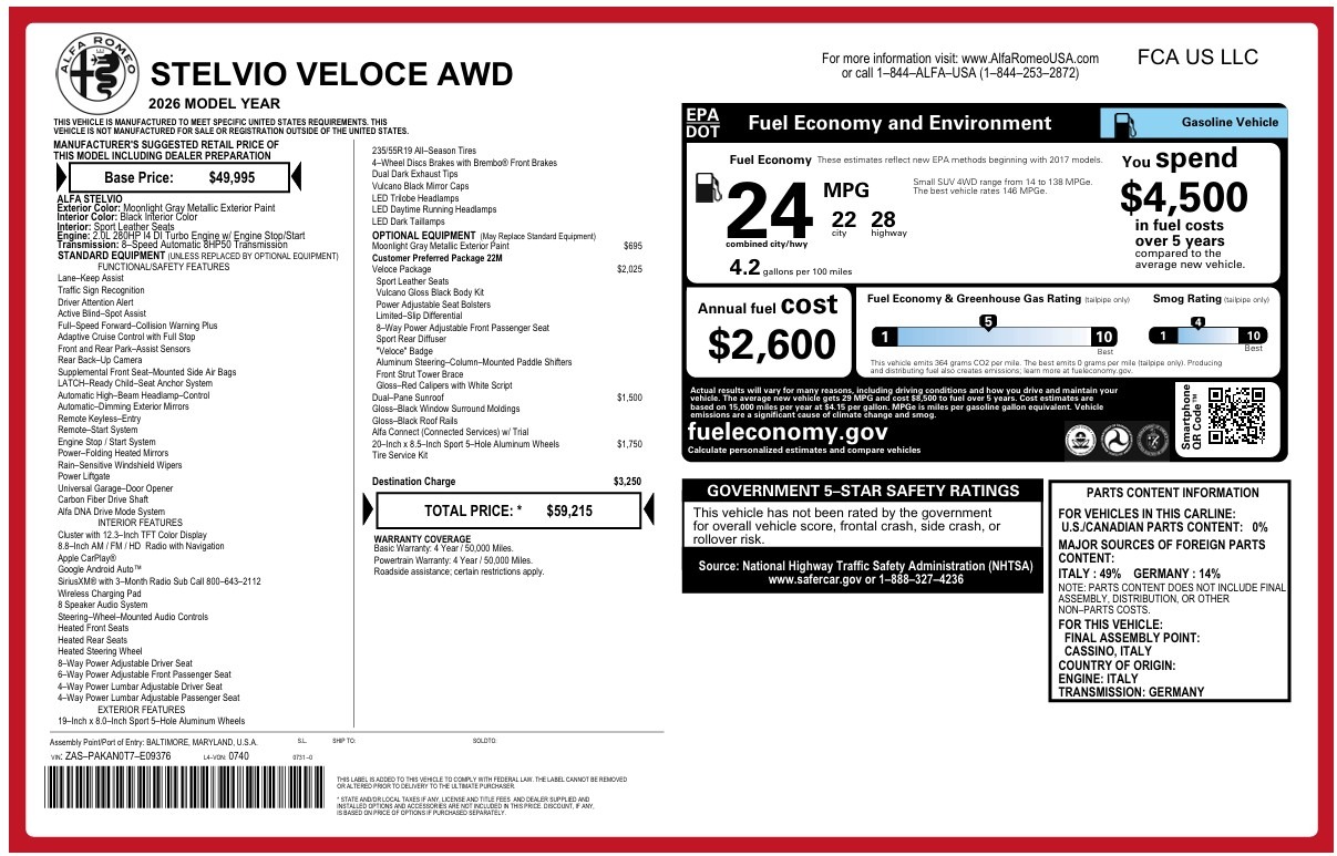New 2026 Alfa Romeo Stelvio Veloce for sale $59,215 at Alfa Romeo of Westport in Westport CT 06880 1