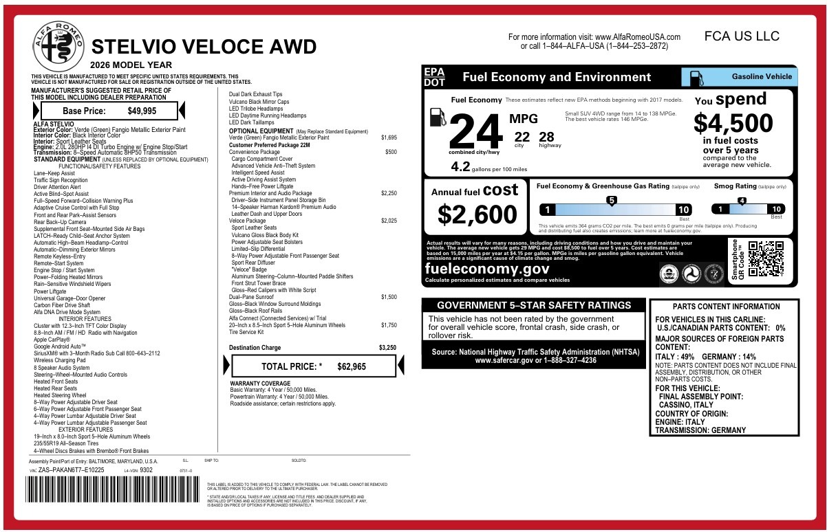 New 2026 Alfa Romeo Stelvio Veloce for sale $62,965 at Alfa Romeo of Westport in Westport CT 06880 1