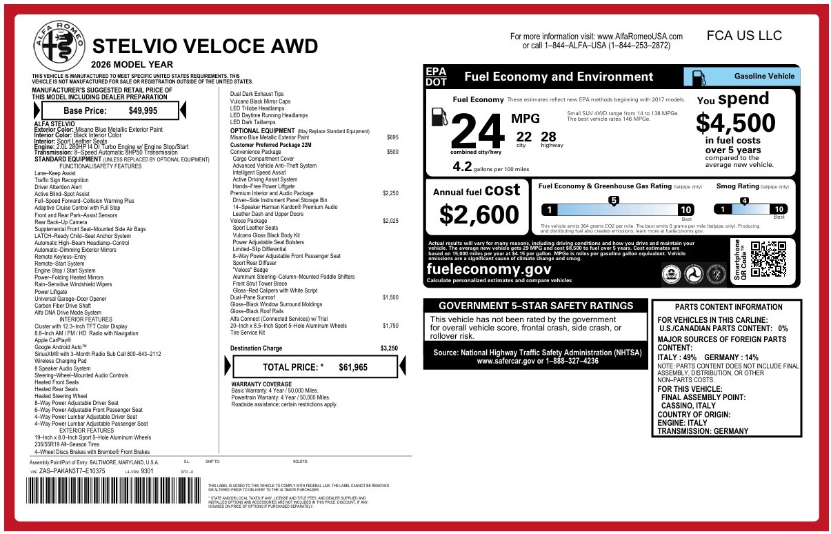 New 2026 Alfa Romeo Stelvio Veloce for sale $61,965 at Alfa Romeo of Westport in Westport CT 06880 1