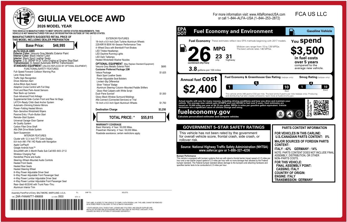 New 2026 Alfa Romeo Giulia Veloce for sale $55,815 at Alfa Romeo of Westport in Westport CT 06880 1