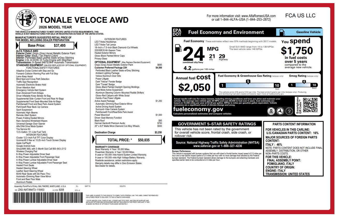New 2026 Alfa Romeo Tonale Veloce for sale $50,035 at Alfa Romeo of Westport in Westport CT 06880 1