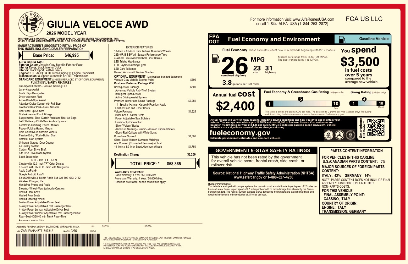 New 2026 Alfa Romeo Giulia VELOCE for sale $58,365 at Alfa Romeo of Westport in Westport CT 06880 1
