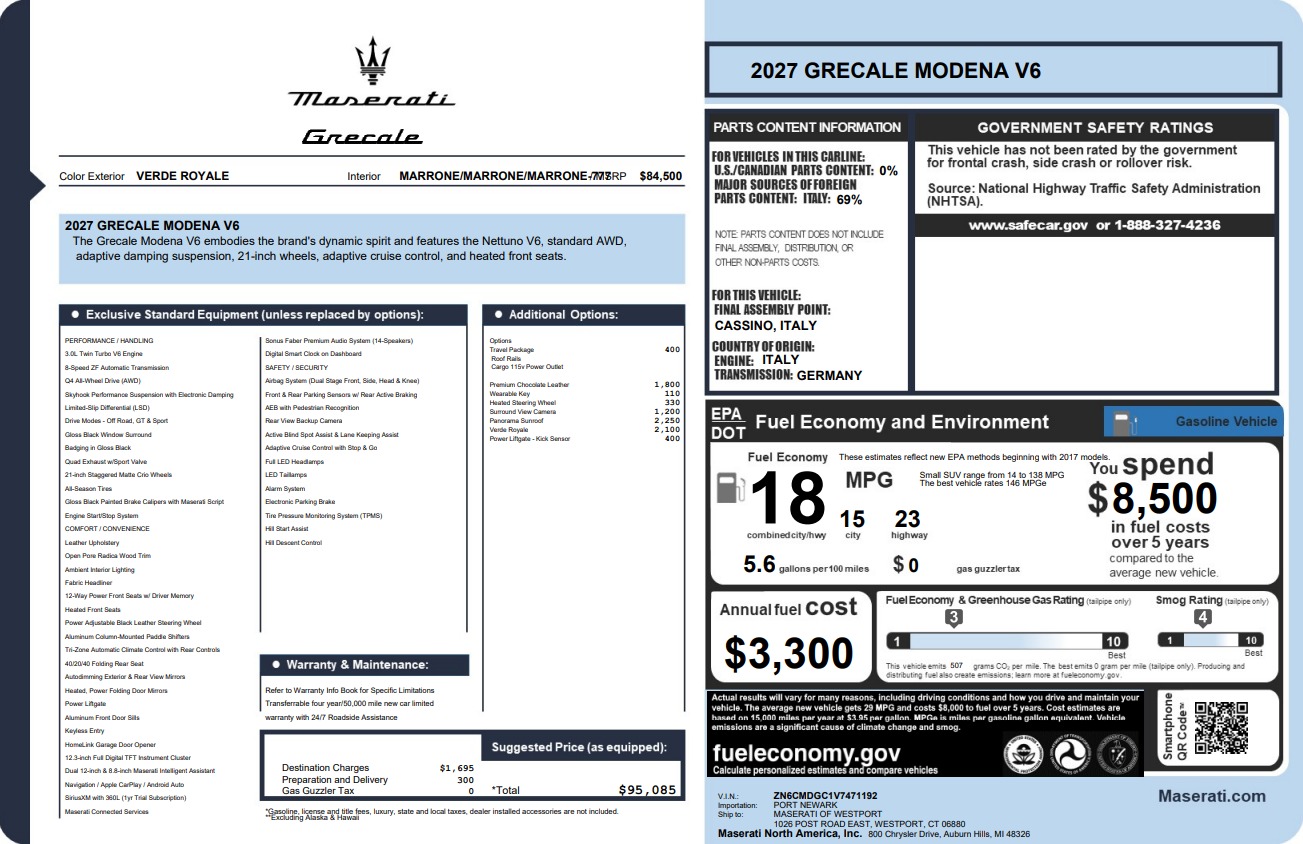 New 2027 Maserati Grecale Modena V6 for sale $95,085 at Alfa Romeo of Westport in Westport CT 06880 1