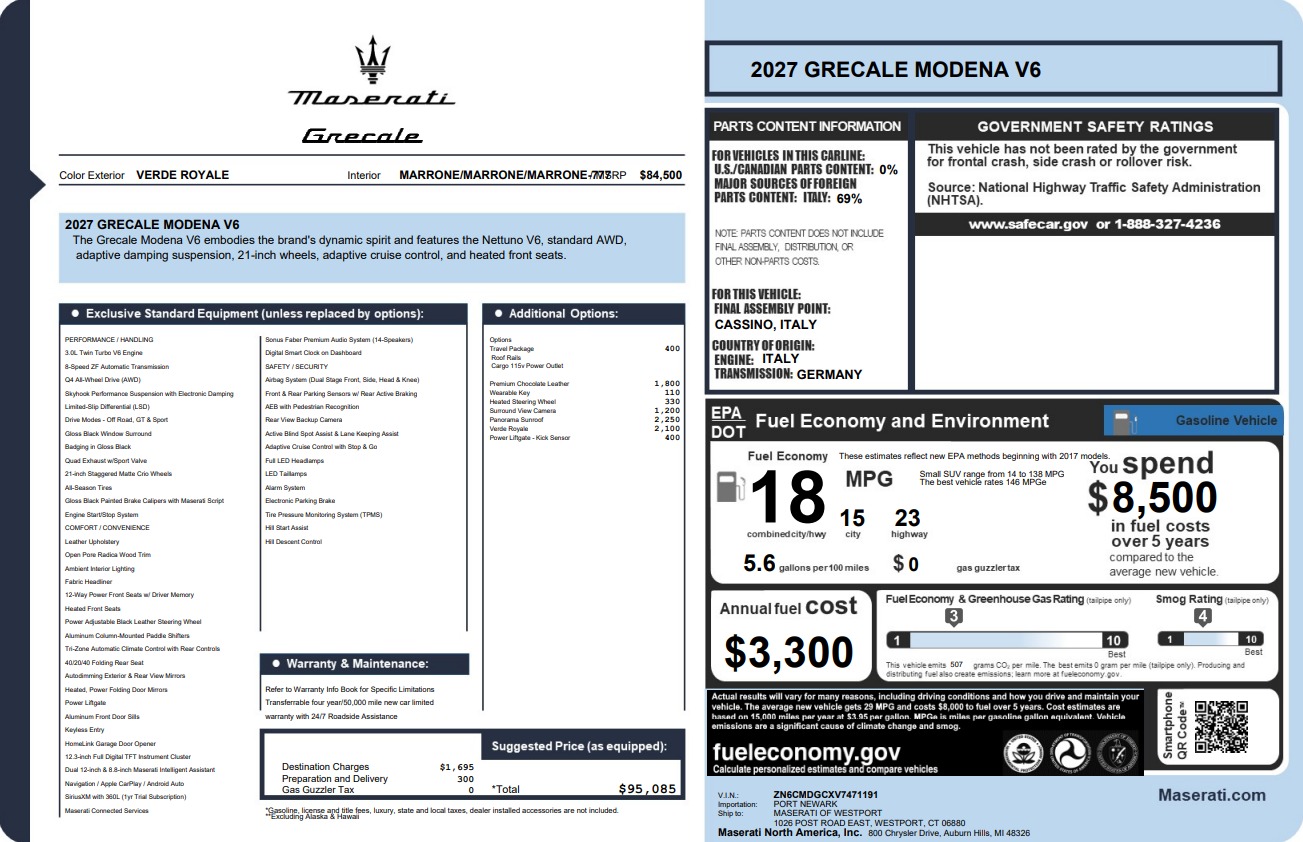 New 2027 Maserati Grecale Modena V6 for sale $95,085 at Alfa Romeo of Westport in Westport CT 06880 1