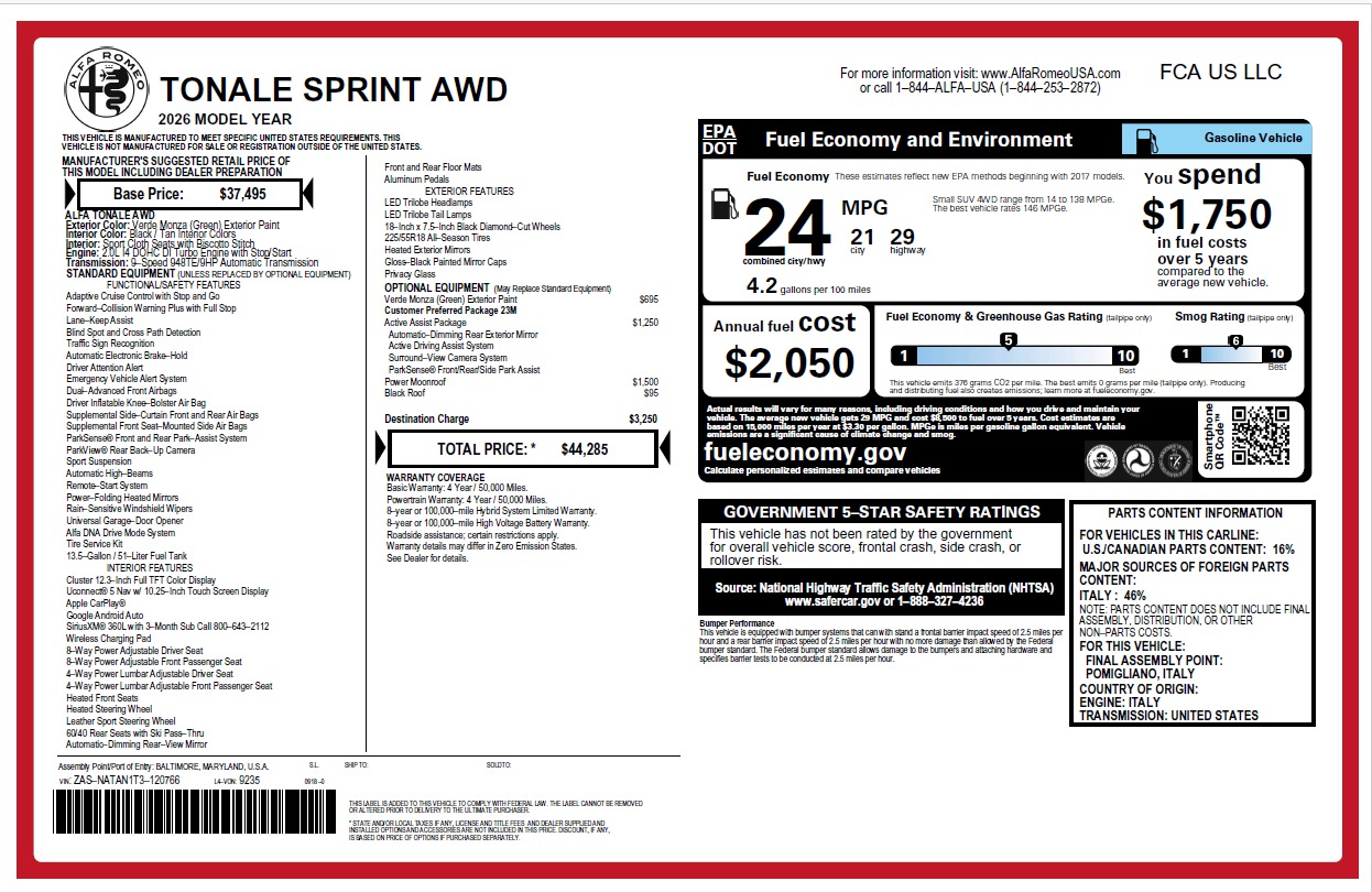 New 2026 Alfa Romeo Tonale Sprint for sale $44,285 at Alfa Romeo of Westport in Westport CT 06880 1