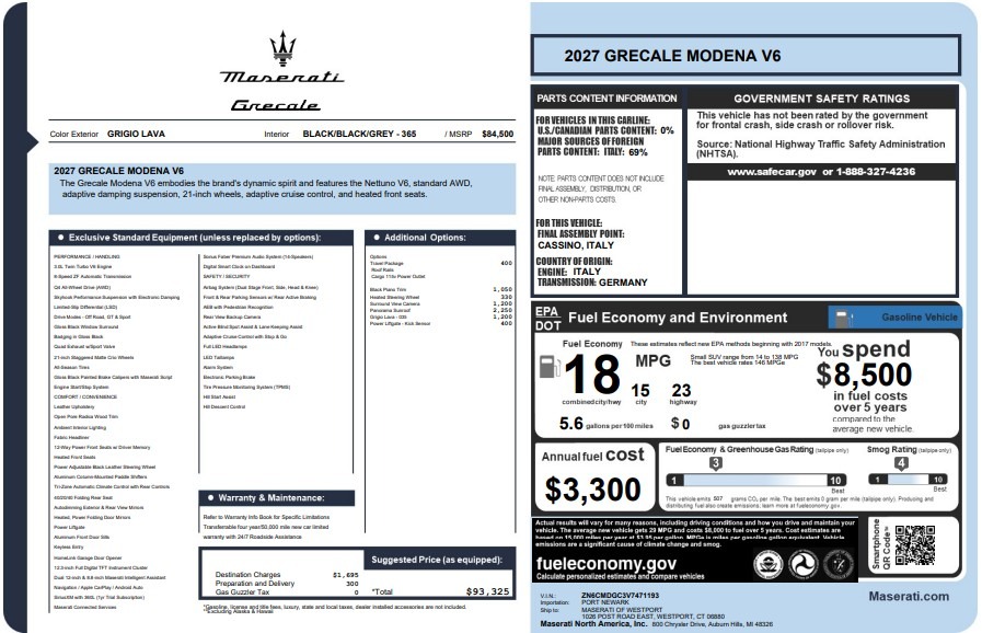 New 2027 Maserati Grecale Modena V6 for sale $93,325 at Alfa Romeo of Westport in Westport CT 06880 1